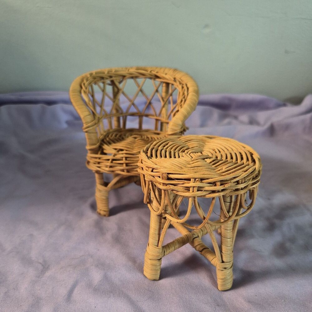 Dollhouse Miniature Wicker Chair & Stool Set Brown Boho Rattan Barbie Furniture